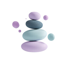 Stacked pastel stones, balanced, surrounded by floating orbs on black