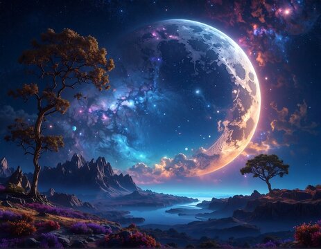 Surreal nighttime landscape with a glowing moon and cosmic clouds