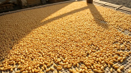 foolishness. Barley grains drying on a mat under soft, natural sunlight. menu design, packaging mockups, designed for culinary blogs and recipe cards for restaurants, used by account managers.