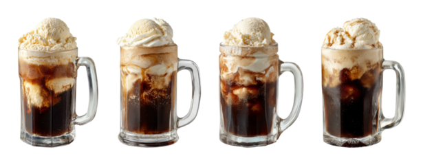 Refreshing Root Beer Float With Ice Cream, Rich Dark Soda Swirls, Frothy Top, and Classic Mug Design PNG set with transparent background