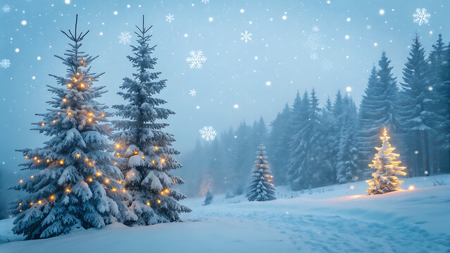 Snowy winter landscape with christmas trees and lights in a serene setting