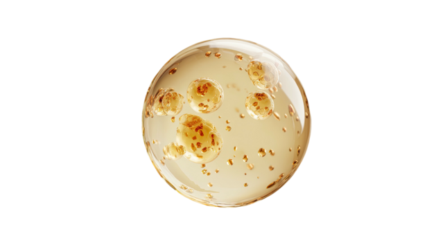 Translucent orb contains amber elements, floating on a black background