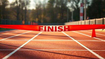 disengaged. Vibrant red and white finish line ribbon stretched taut across a marathon track. event key visuals, club posters, designed for fitness apps and gym onboarding, used by sports marketers.