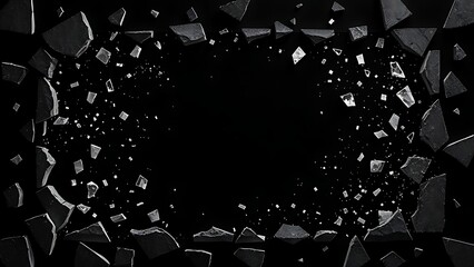 epilogue. Shattered frame border with fragments dispersing on dark background, breaking constraints concept. wellbeing guides.