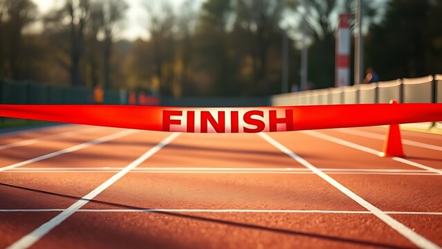 disengaged. Vibrant red and white finish line ribbon stretched taut across a marathon track. event key visuals, club posters, designed for fitness apps and gym onboarding, used by sports marketers.