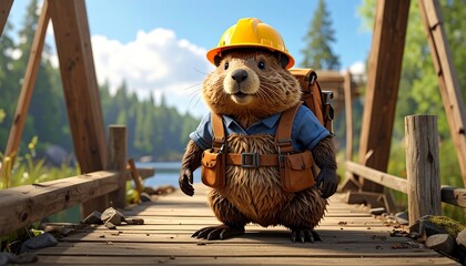 A cute, cartoonish rodent, wearing a construction hat and backpack, stands on a wooden bridge near a forest and lake