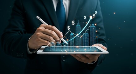 Businessman analyzing financial growth chart on digital tablet representing economic success and investment