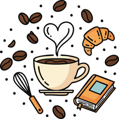 A delightful illustration of a steaming cup of coffee, a freshly baked croissant, a book, and scattered coffee beans, evoking a cozy morning or a relaxing break