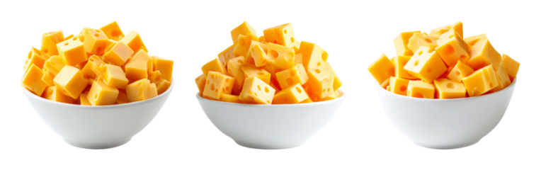 Freshly Cubed Cheese in White Bowls, a Delightful Food Photography PNG set with transparent background