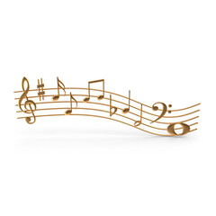 Golden musical notes wave design, angled view