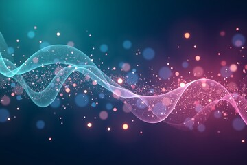 Glowing cosmic waves in teal and pink, sparkling particles float against a deep gradient sky. Abstract digital dream.