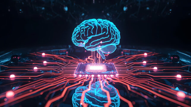 Futuristic glowing brain connected to digital network, showcasing artificial intelligence and advanced technology, ideal for innovation and science projects