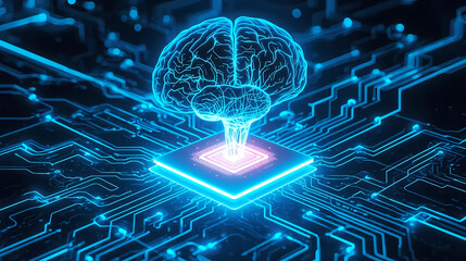 Illuminated brain connects to futuristic circuit board, symbolizing artificial intelligence and advanced technology, sparking innovation and digital transformation
