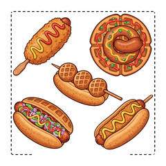 Hot Dog Waffle Vector Illustration  Fast Food Logo or Poster Design. Cute Hot Dog Waffle and Corn Dog Vector Set  Kawaii Street Food Clipart for Sticker, Menu, or Design 
