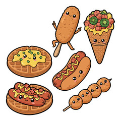 Hot Dog Waffle Vector Illustration  Fast Food Logo or Poster Design. Cute Hot Dog Waffle and Corn Dog Vector Set  Kawaii Street Food Clipart for Sticker, Menu, or Design 
