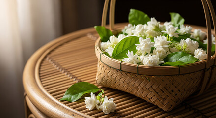 Jasmine flowers arranged in a woven bamboo basket on a rattan table