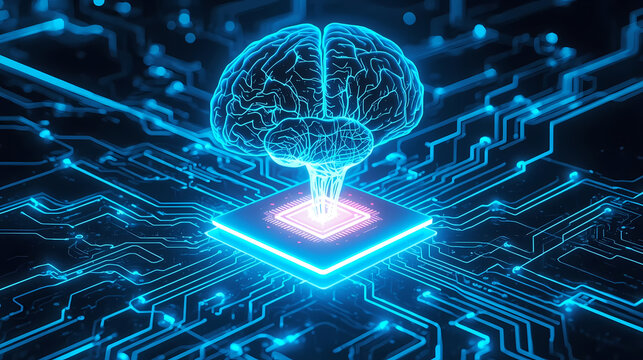 Illuminated brain connects to futuristic circuit board, symbolizing artificial intelligence and advanced technology, sparking innovation and digital transformation