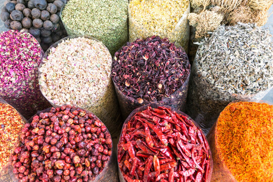 Assortment of spices and herbs at local souk, Dubai