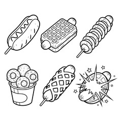 Hot Dog Waffle Vector Illustration  Fast Food Logo or Poster Design. Cute Hot Dog Waffle and Corn Dog Vector Set  Kawaii Street Food Clipart for Sticker, Menu, or Design 