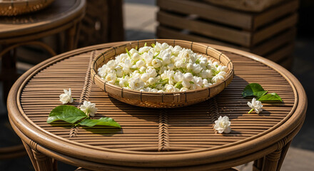 Jasmine flowers arranged in a woven bamboo basket on a rattan table