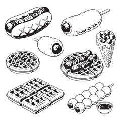 Hot Dog Waffle Vector Illustration  Fast Food Logo or Poster Design. Cute Hot Dog Waffle and Corn Dog Vector Set  Kawaii Street Food Clipart for Sticker, Menu, or Design 