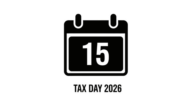Black calendar icon displaying the date 15 and tax day 2026 concept
