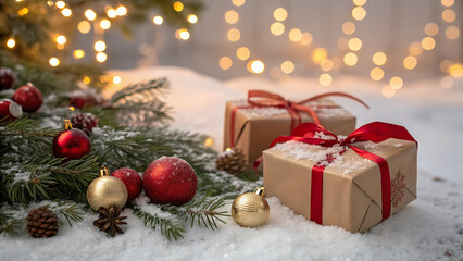 Obraz premium Christmas presents with red ribbon and christmas decorations in the snow