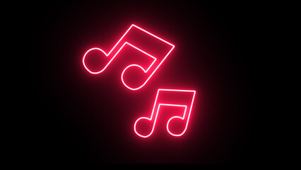 neon music notes in bright pink glowing on a dark black background symbolizing rhythm, melody and sound with a vibrant retro style