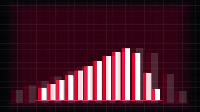 Red and animation White Bar Chart with Grid Background and Spotlight Effect graph data. Digital red and white bar graph with grid lines and spotlight animation on dark background.