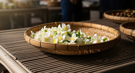Jasmine flowers arranged in a woven bamboo basket on a rattan table
