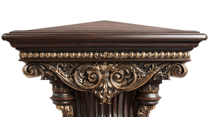 Fototapeta premium Ornate, dark wood column top with scrolls, beads, and fluted lines