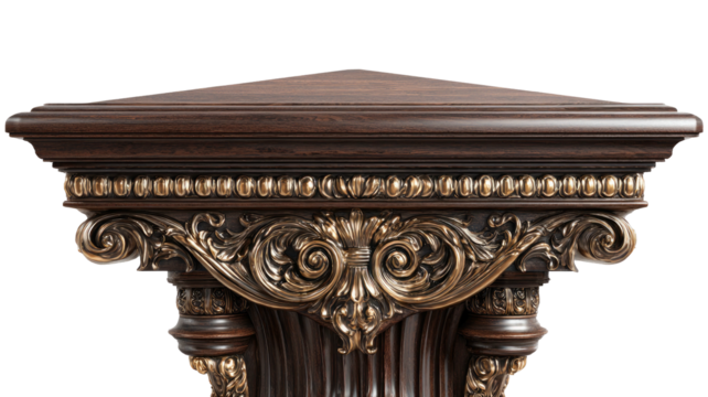 Ornate, dark wood column top with scrolls, beads, and fluted lines