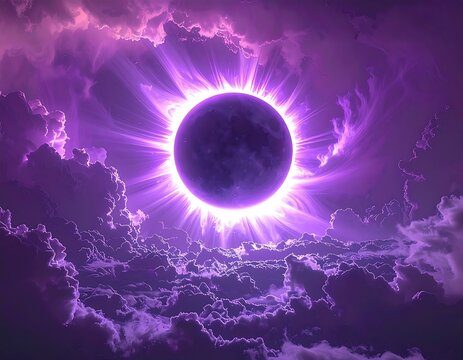 Surreal solar eclipse illustration, enveloped by swirling purple clouds