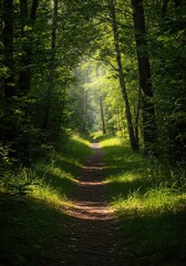 Obraz premium A serene natural footpath winding through a dense summer woodland landscape, illuminated by bright shafts of sunlight and deep shadows ,exploration ,destination ,serene