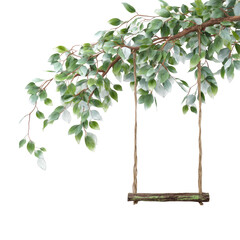 Rustic swing hangs from leafy branch, against black backdrop