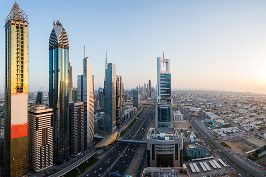 Dubai skyline at sunset, United Arab Emirates