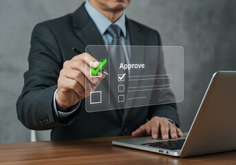 Business Man Approving Task Checklist On Transparent Screen Using Digital Pen