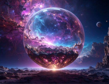 Surreal space scene with a celestial sphere over a rocky landscape - Powered by Adobe