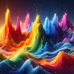 Naklejka premium A vibrant, colorful digital artwork featuring stylized mountainous shapes in rainbow hues. Light streaks are scattered