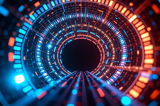 Neon cyber tunnel: glowing blue and red rings spiral inward, futuristic data vortex in dark space. - Powered by Adobe