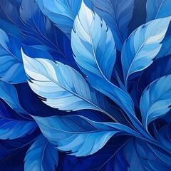Fototapeta premium Close-up view of stylized blue leaves, detailed with lighter shades and intricate veining. The illustration has a smooth, gradient texture