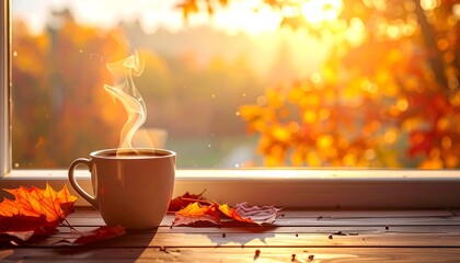 Cozy Autumn Morning - Coffee, Leaves, and Warm Sunlight.