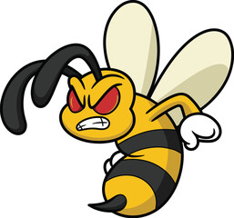 Angry cartoon bee illustration with fierce red eyes and clenched fists, aggressive flying insect character in bold comic art style
