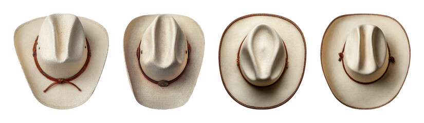 Authentic Western cowboy hat collection, natural straw weave, rich leather trim, isolated on black, ideal for rustic fashion and adventure branding PNG set with transparent background