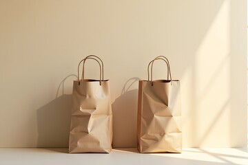 Two beige paper bags with black handles sit on white surface against soft cream background. Minimalist, clean aesthetic.