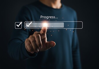 User Interacting With A Digital Progress Bar Showing Completion And Success