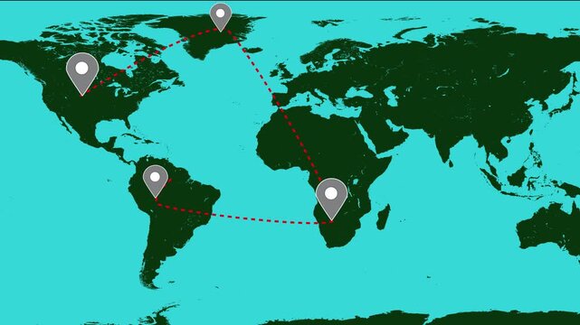 Animated world map shows dashed red lines linking continents and oceans creating sleek global travel effect. World map with dashed red lines connecting locations across continents and oceans.