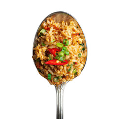 Fried rice with chilies on a spoon, against a black background