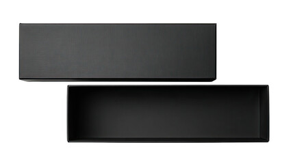Open, matte dark grey rectangular box with detached lid