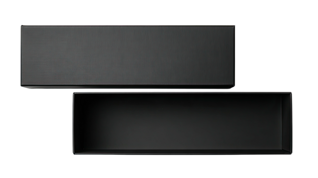 Open, matte dark grey rectangular box with detached lid